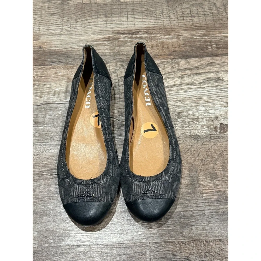 Coach Signature Jacquard Ballet Flats Black Charcoal Leather Trim Size 7